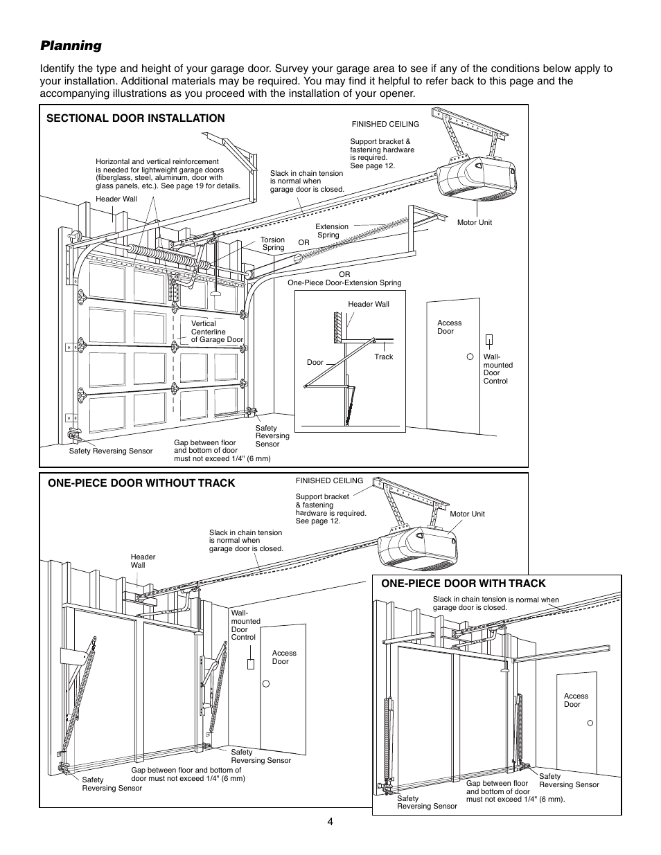 Planning, One-piece door without track 4, One-piece door with track | Chamberlain 3575S User Manual | Page 4 / 40