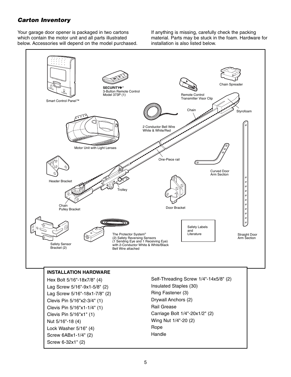 Carton inventory | Chamberlain 3575S User Manual | Page 5 / 40