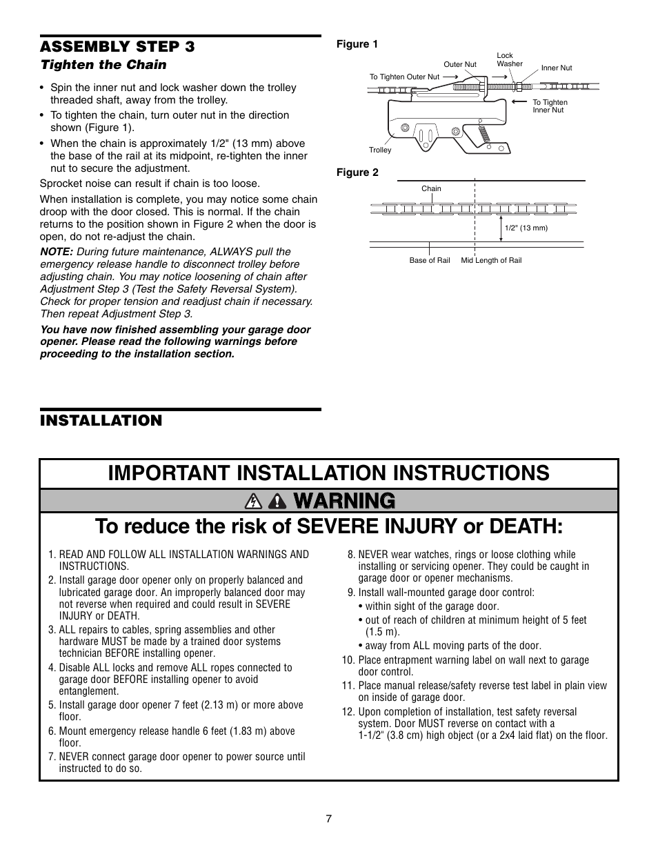 Tighten the chain, Installation, Important installation instructions | Warning, Installation assembly step 3 | Chamberlain 3575S User Manual | Page 7 / 40