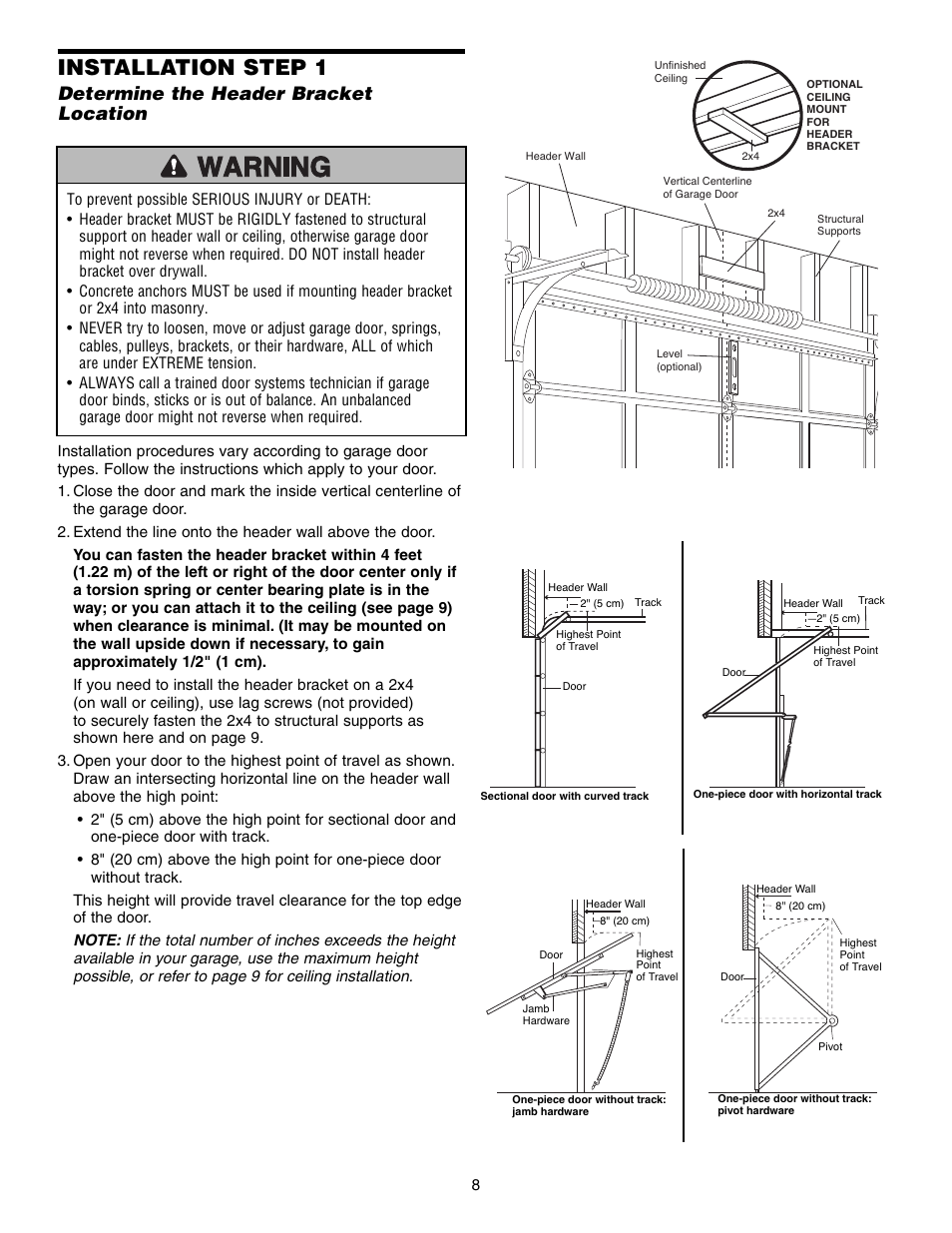 Determine the header bracketlocation, Installation step 1, Determine the header bracket location | Chamberlain 3575S User Manual | Page 8 / 40