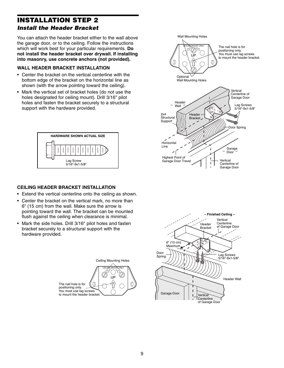 Install the header bracket, Installation step 2 | Chamberlain 3575S User Manual | Page 9 / 40