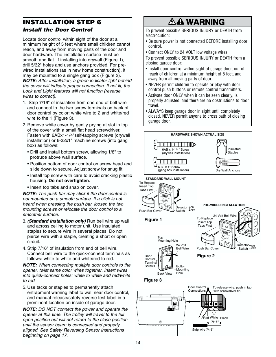 Install the door control, Warning caution warning warning, Installation step 6 | Chamberlain 2565 1/2 HP User Manual | Page 14 / 36