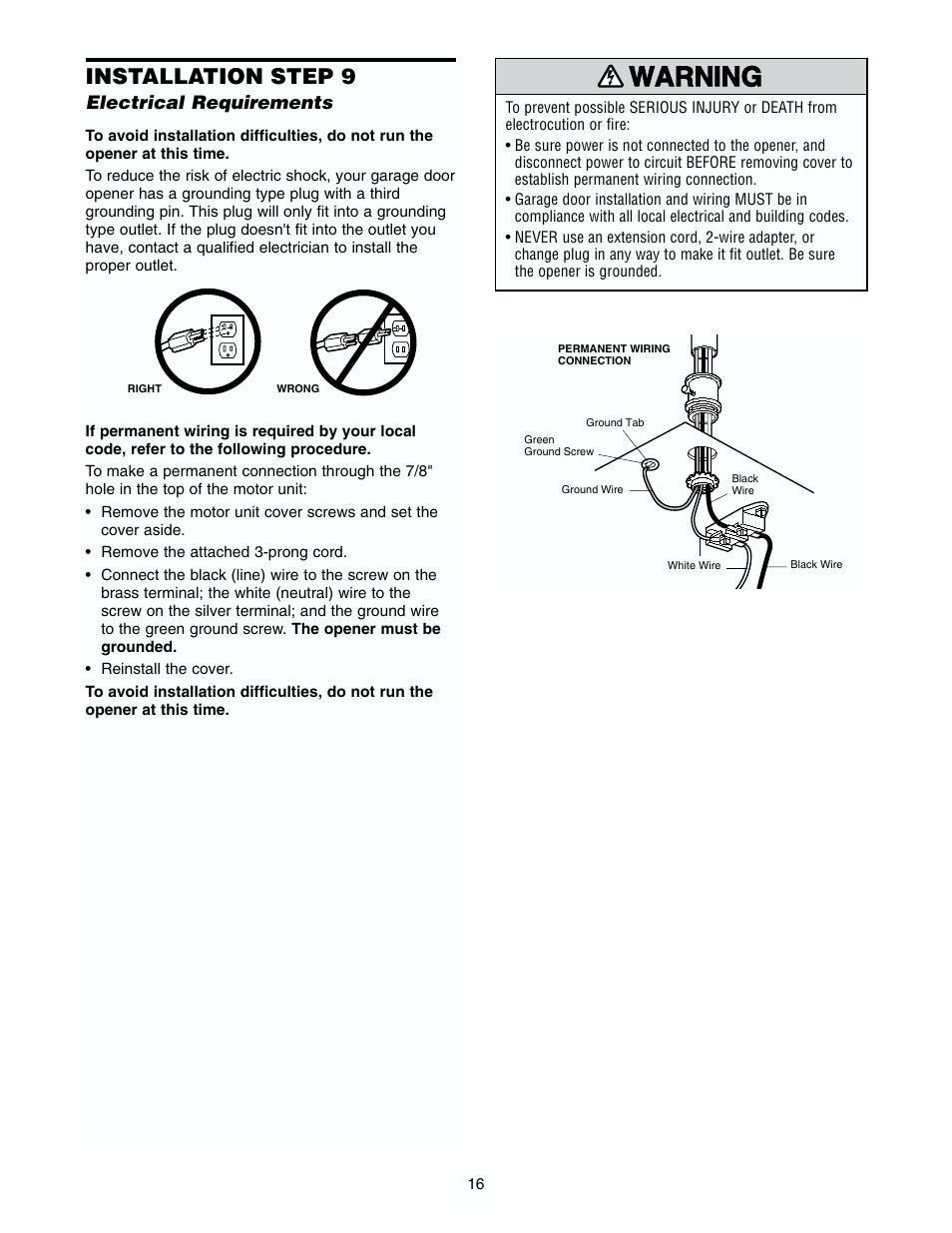 Electrical requirements, Warning caution warning warning, Installation step 9 | Chamberlain 2565 1/2 HP User Manual | Page 16 / 36