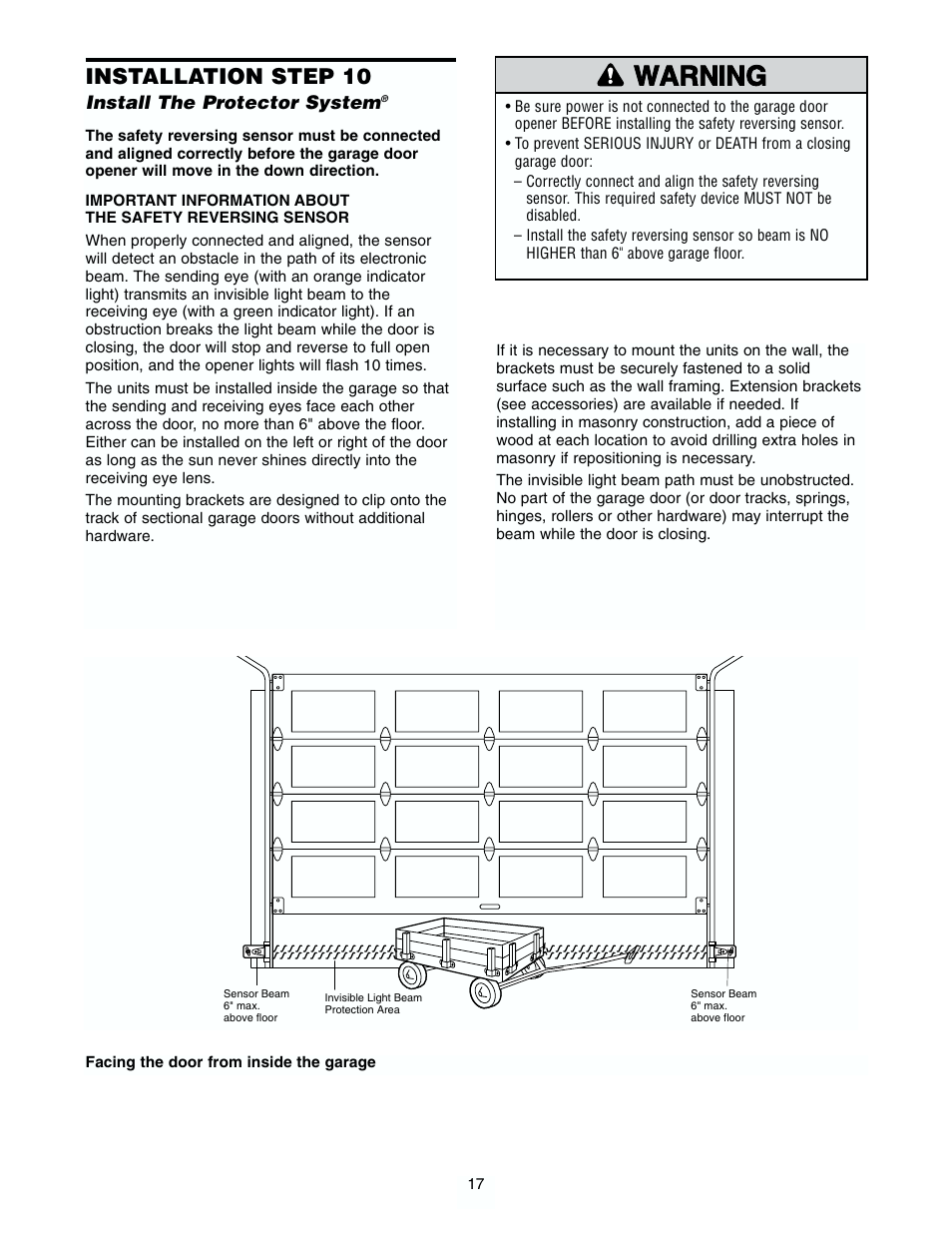 Install the protector system, Warning caution warning warning, Installation step 10 | Chamberlain 2565 1/2 HP User Manual | Page 17 / 36