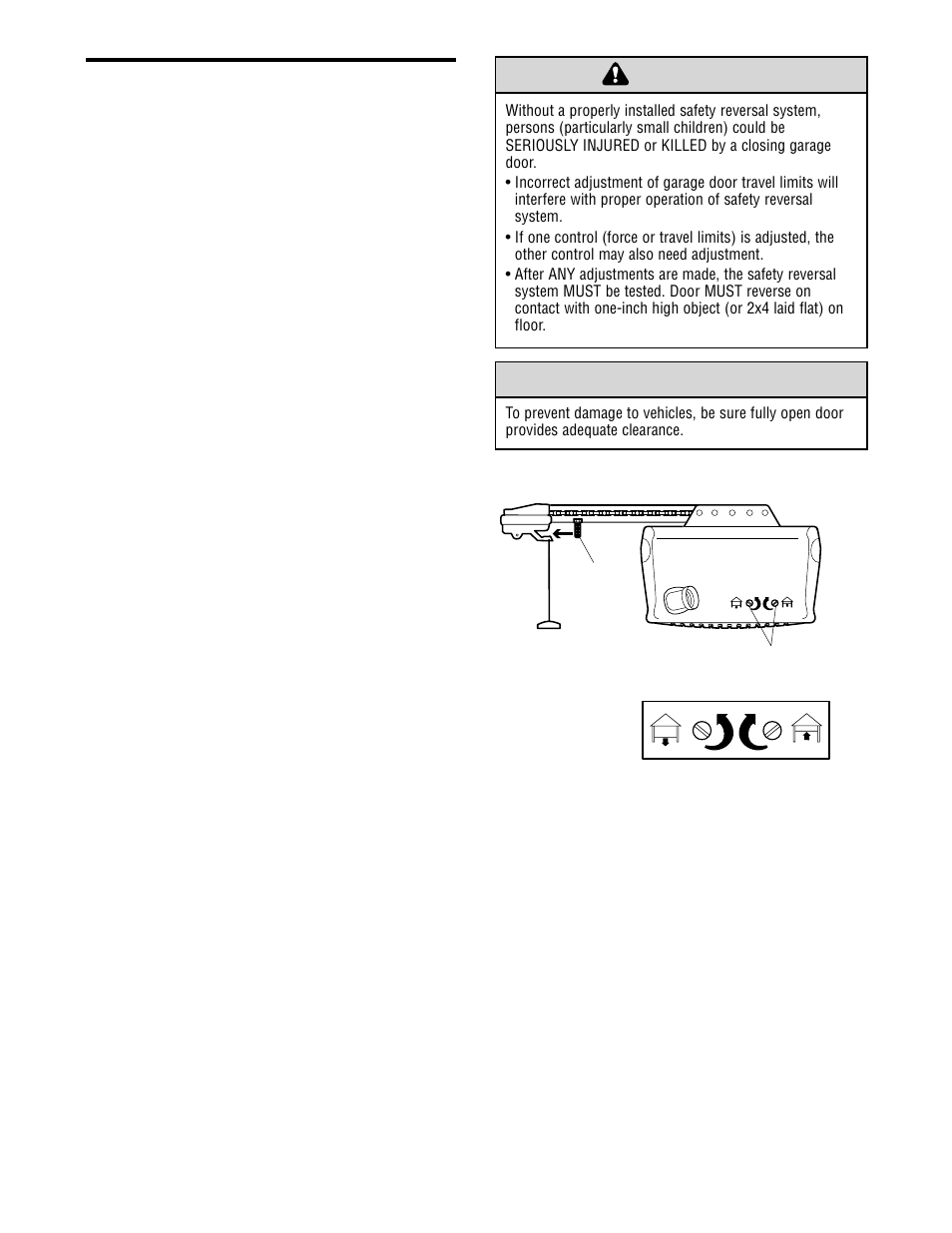 Adjustment, Adjust the up and down travel, Warning caution warning warning | Adjustment step 1 | Chamberlain 2565 1/2 HP User Manual | Page 24 / 36