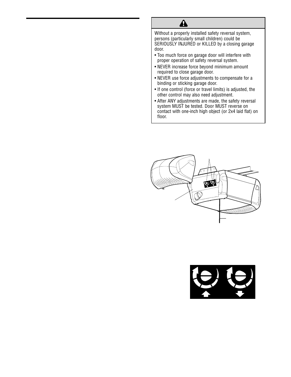 Adjust the force, Warning caution warning warning, Adjustment step 2 | Chamberlain 2565 1/2 HP User Manual | Page 25 / 36