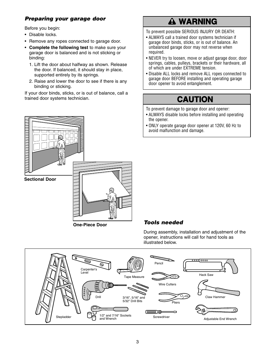 Preparing your garage door, Tools needed | Chamberlain 2565 1/2 HP User Manual | Page 3 / 36