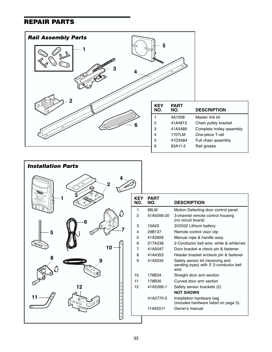 Repair parts, Rail assembly parts, Installation parts | Chamberlain 2565 1/2 HP User Manual | Page 33 / 36