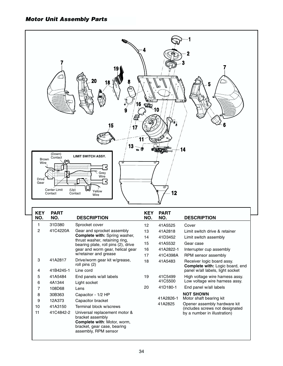 Motor unit, Motor unit assembly parts | Chamberlain 2565 1/2 HP User Manual | Page 34 / 36