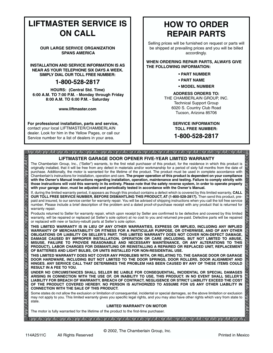 Warranty, Liftmaster service is on call, How to order repair parts | Chamberlain 2565 1/2 HP User Manual | Page 36 / 36