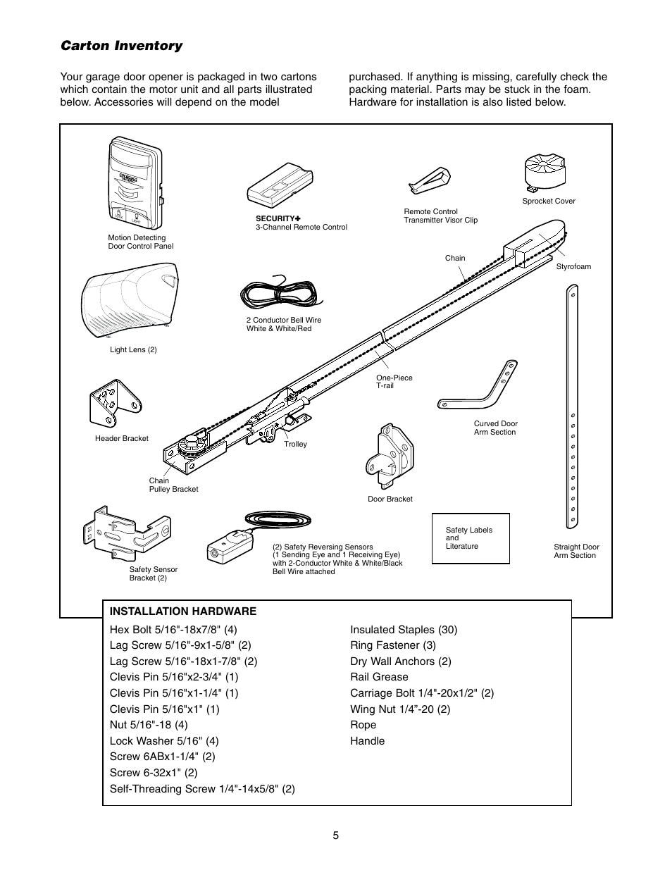 Carton inventory | Chamberlain 2565 1/2 HP User Manual | Page 5 / 36