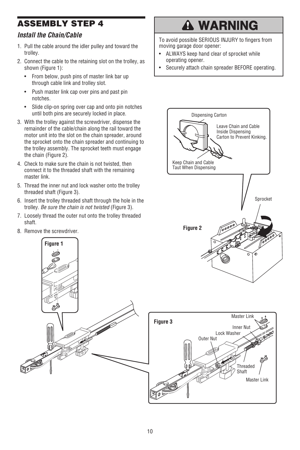 Install the chain/cable, Assembly step 4 | Chamberlain CG40DM User Manual | Page 10 / 40