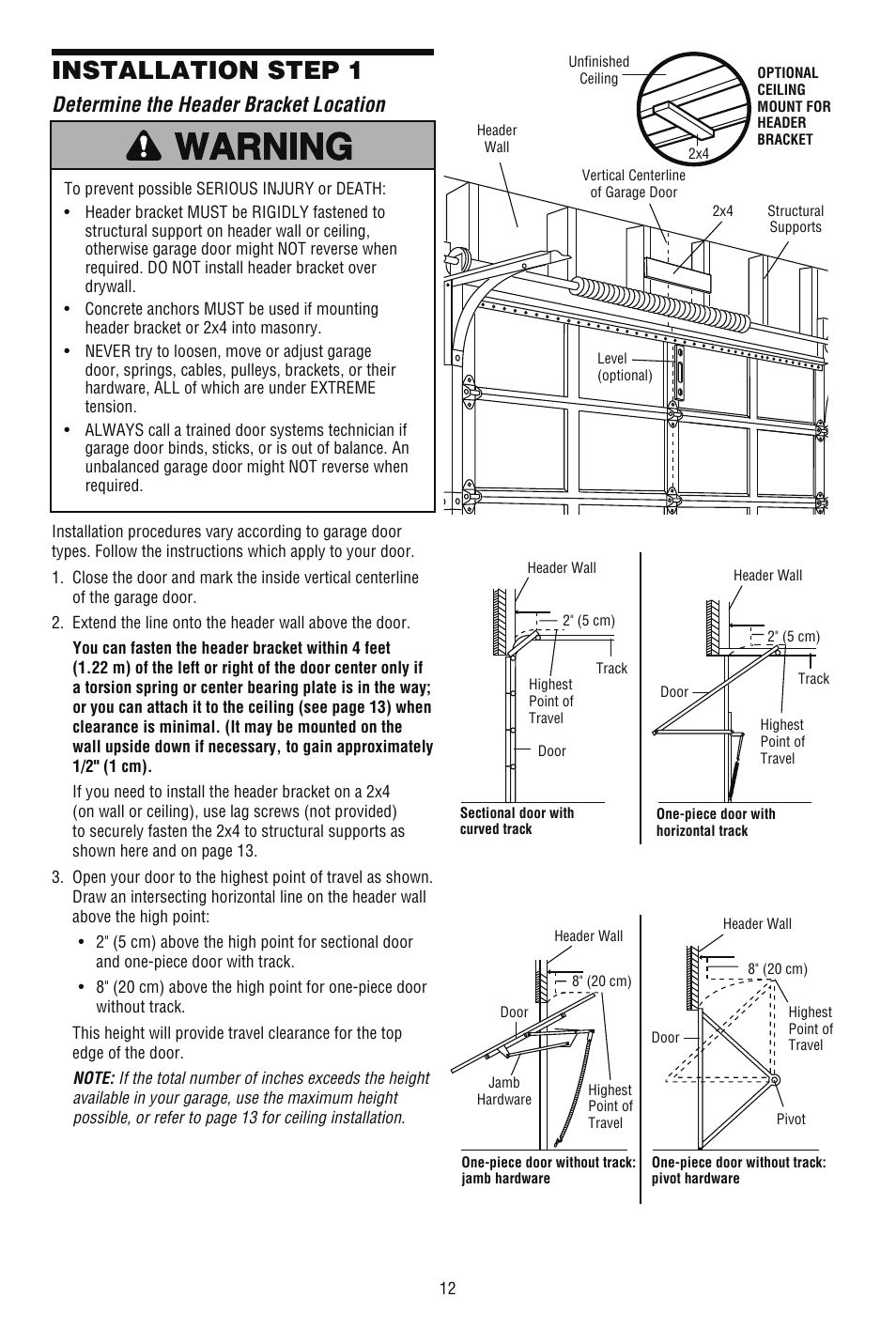 Determine the header bracket location, Installation step 1 | Chamberlain CG40DM User Manual | Page 12 / 40