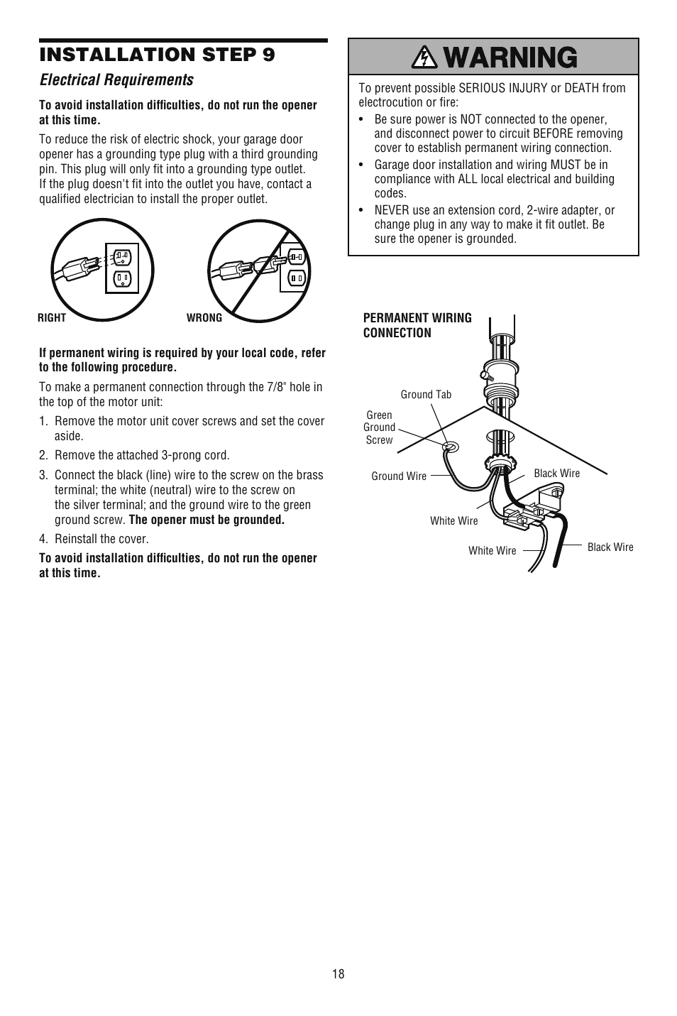 Electrical requirements, Installation step 9 | Chamberlain CG40DM User Manual | Page 18 / 40