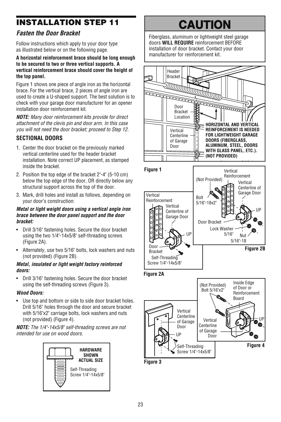 Fasten the door bracket, Installation step 11 | Chamberlain CG40DM User Manual | Page 23 / 40