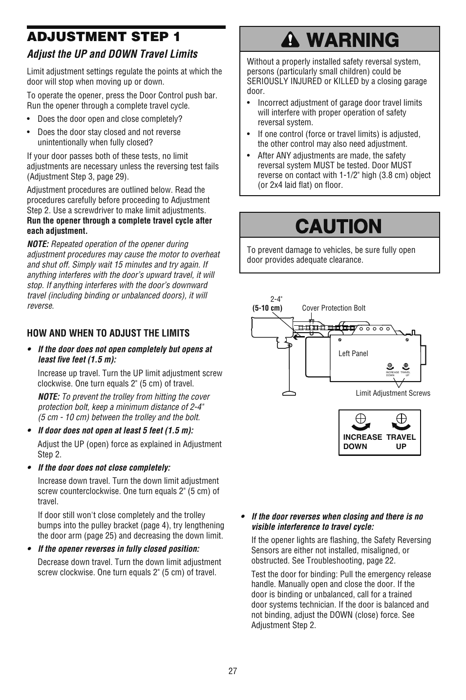 Adjustment, Adjust the up and down travel limits, Adjustment step 1 | Chamberlain CG40DM User Manual | Page 27 / 40