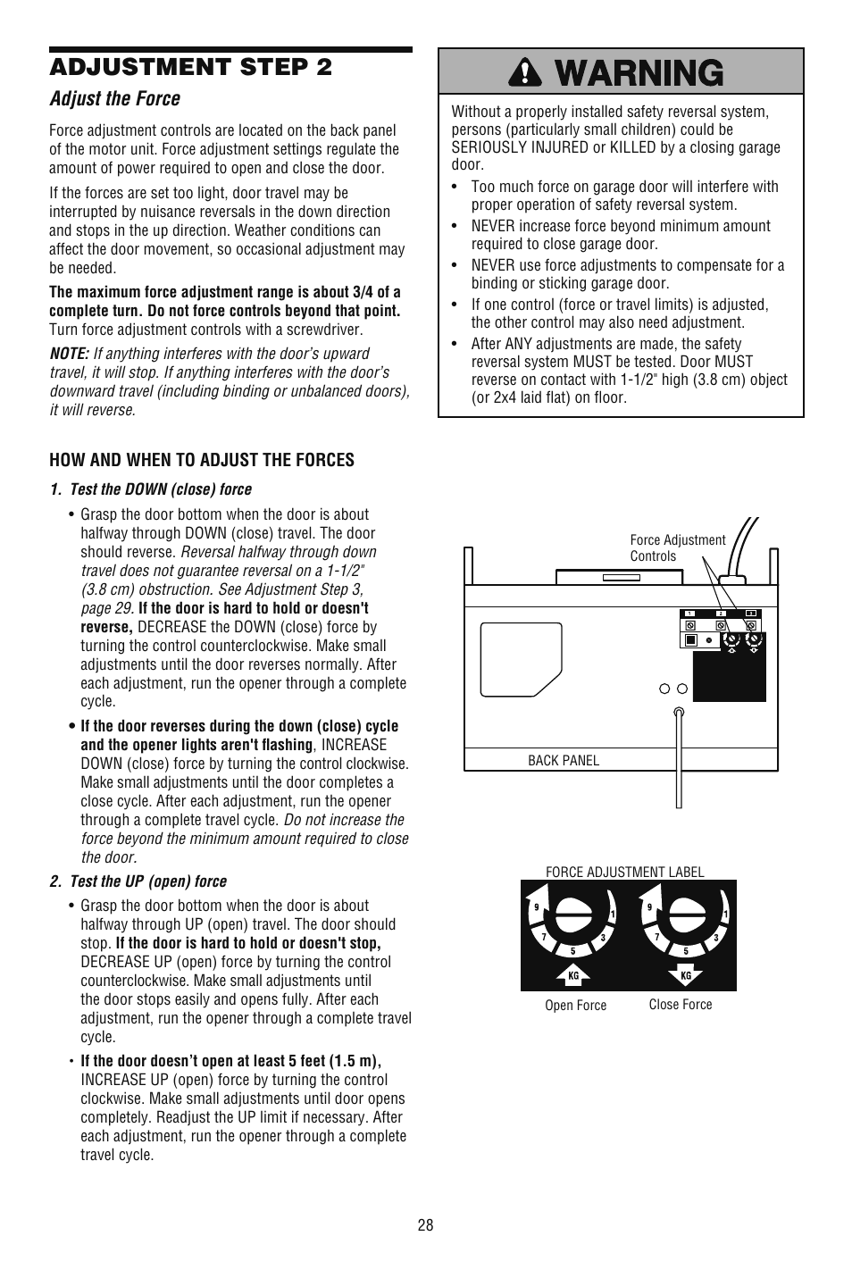 Adjust the force, Adjustment step 2 | Chamberlain CG40DM User Manual | Page 28 / 40
