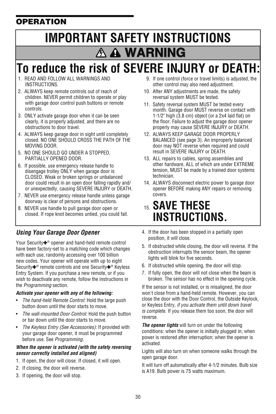 Operation, Using your garage door opener, Save these instructions | Chamberlain CG40DM User Manual | Page 30 / 40
