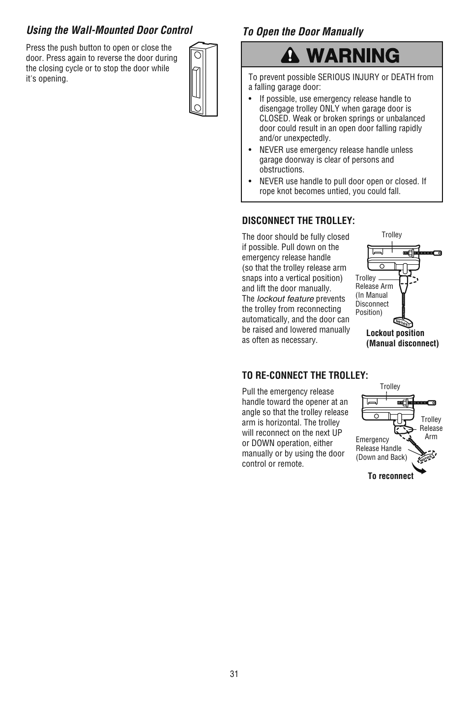 Using the wall-mounted door control, To open the door manually | Chamberlain CG40DM User Manual | Page 31 / 40