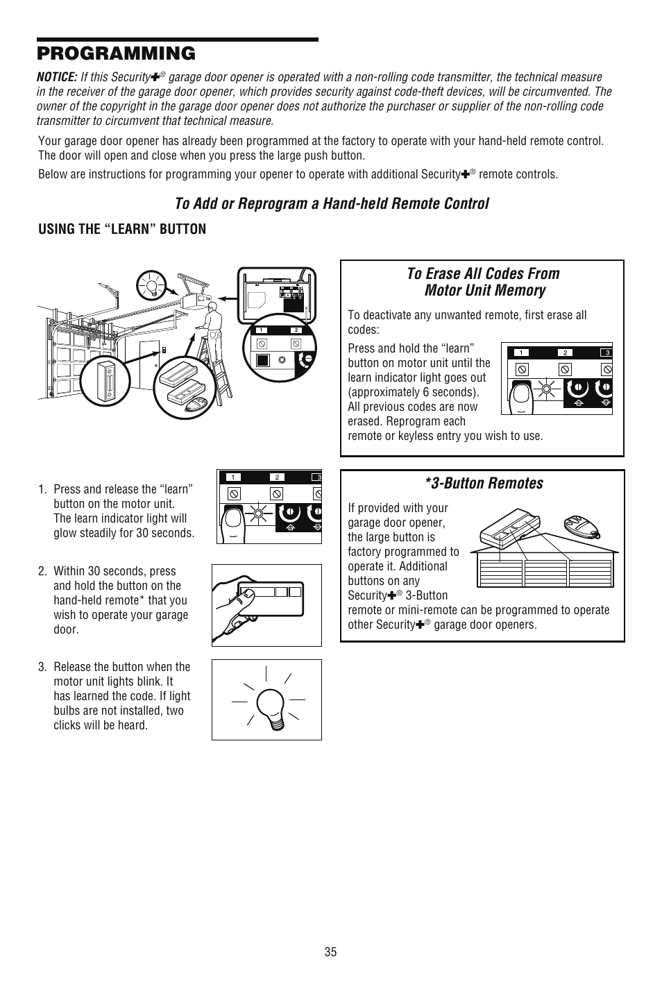 Programming, To add or reprogram a hand-held remote control, To erase all codes frommotor unit memory | Button remotes | Chamberlain CG40DM User Manual | Page 35 / 40
