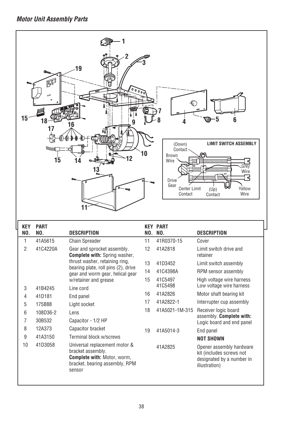 Motor unit assembly parts | Chamberlain CG40DM User Manual | Page 38 / 40