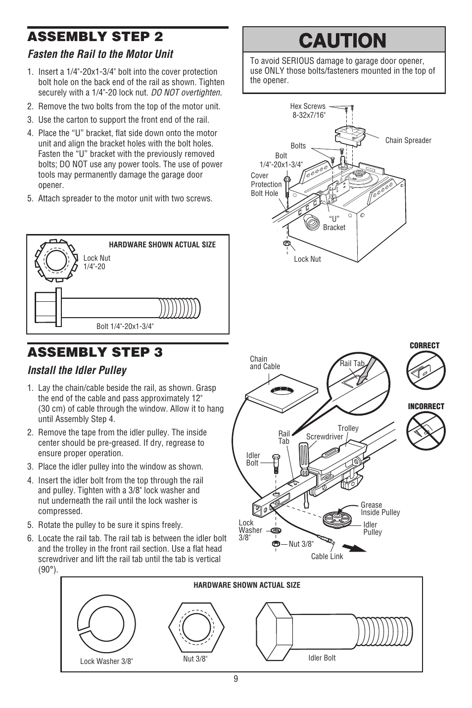 Fasten the rail to the motor unit, Install the idler pulley, Assembly step 2 | Assembly step 3 | Chamberlain CG40DM User Manual | Page 9 / 40