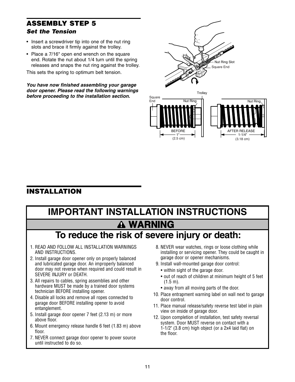 Set the tension, Installation, Installation assembly step 5 | Chamberlain WD822KLS 1/2 User Manual | Page 11 / 40