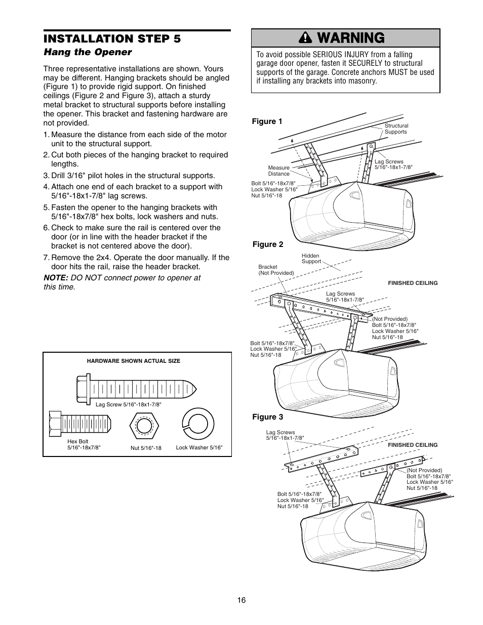 Hang the opener, Warning caution warning warning, Installation step 5 | Chamberlain WD822KLS 1/2 User Manual | Page 16 / 40