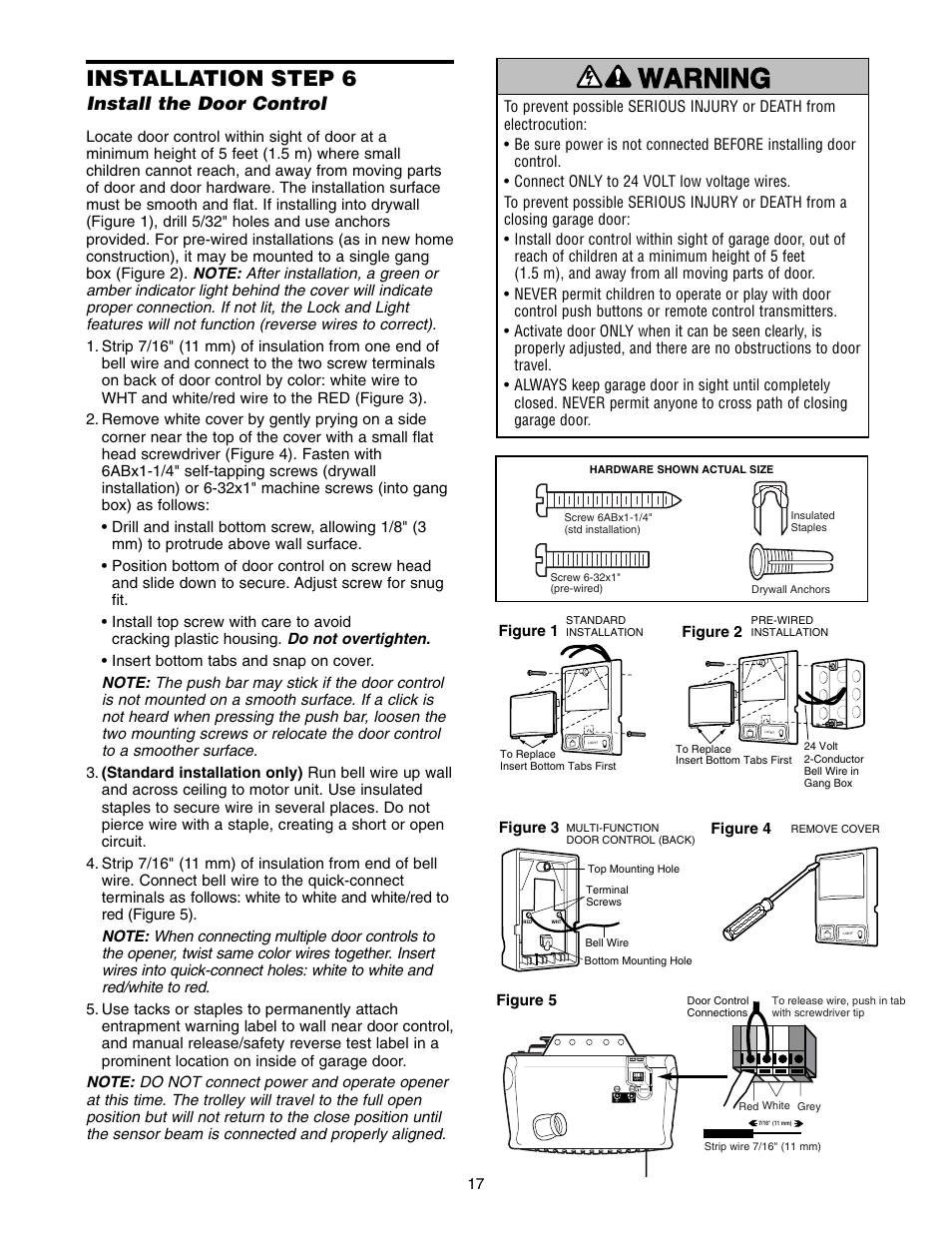 Install the door control, Warning caution warning warning, Installation step 6 | Chamberlain WD822KLS 1/2 User Manual | Page 17 / 40