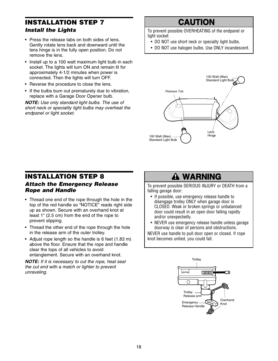 Install the lights, Attach the emergency release rope and handle, Warning caution warning warning | Installation step 7, Installation step 8 | Chamberlain WD822KLS 1/2 User Manual | Page 18 / 40