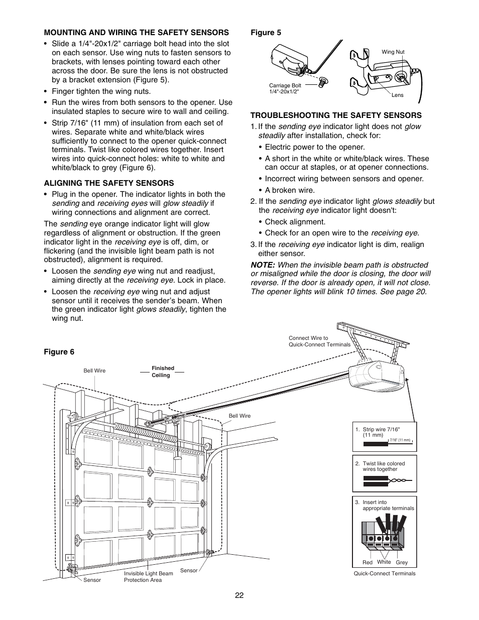 Mounting and wiring the safety sensors | Chamberlain WD822KLS 1/2 User Manual | Page 22 / 40