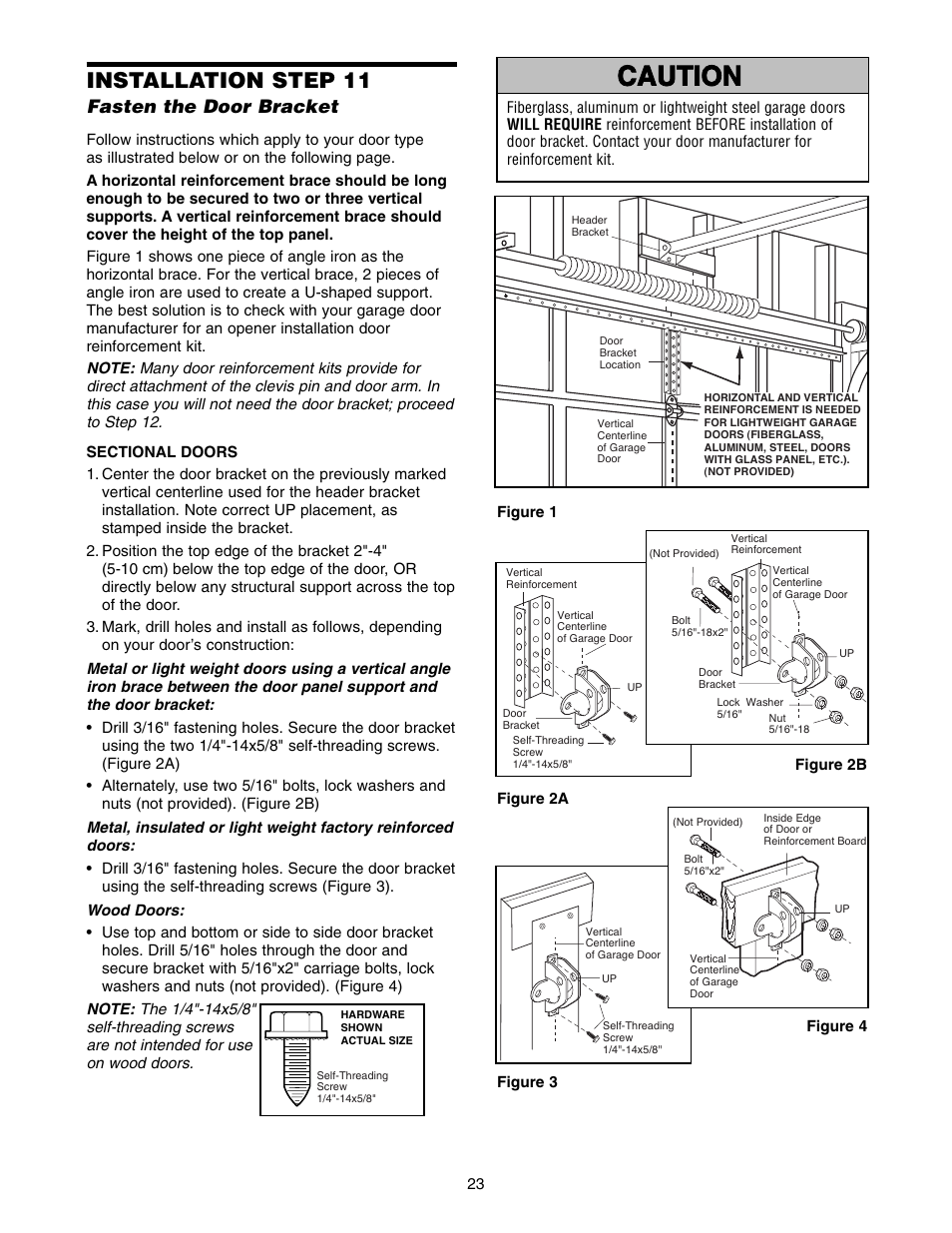 Fasten the door bracket, Sectional doors, Warning caution warning warning | Installation step 11 | Chamberlain WD822KLS 1/2 User Manual | Page 23 / 40