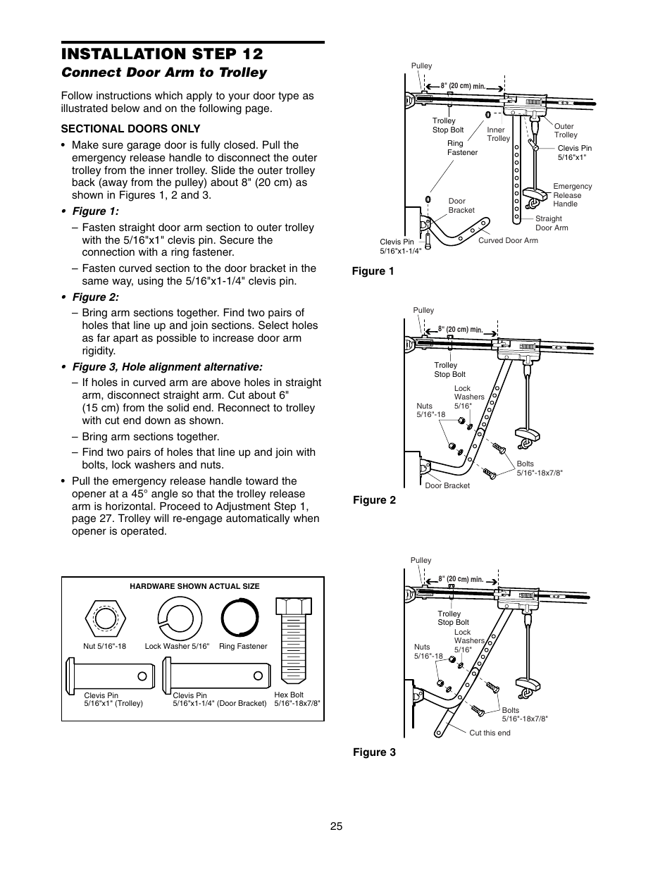 Connect door arm to trolley, Sectional doors only, Installation step 12 | Chamberlain WD822KLS 1/2 User Manual | Page 25 / 40