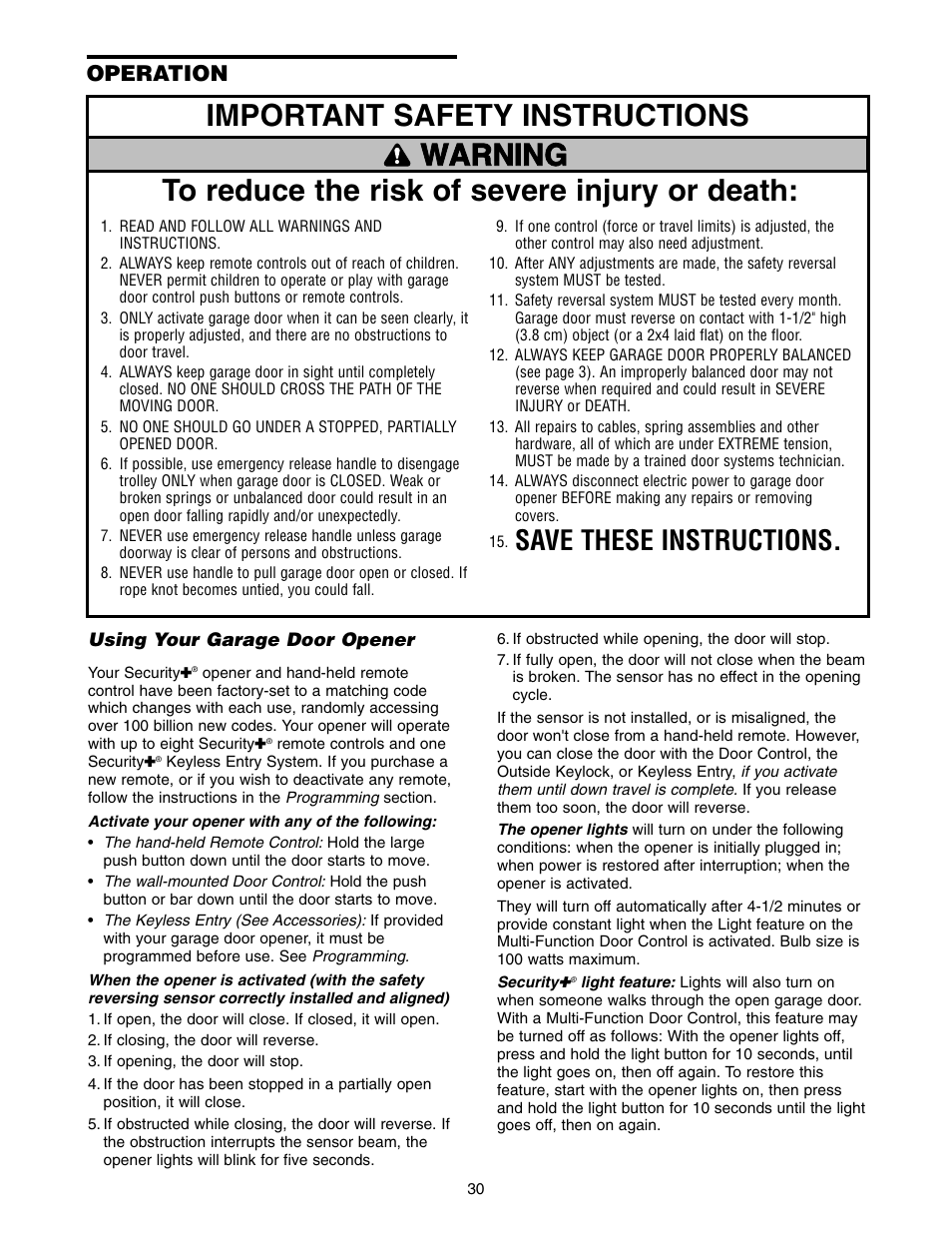 Operation, Save these instructions | Chamberlain WD822KLS 1/2 User Manual | Page 30 / 40