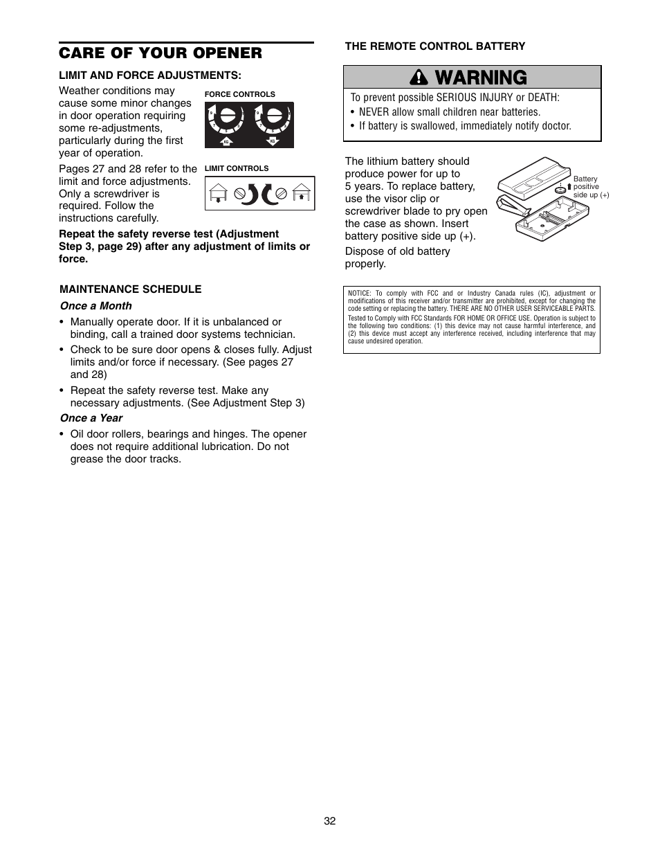 Care of your opener, Warning caution warning warning | Chamberlain WD822KLS 1/2 User Manual | Page 32 / 40