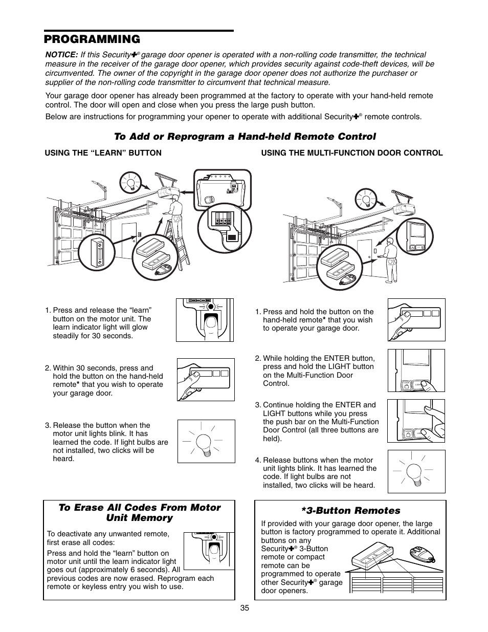 Programming, Button remotes | Chamberlain WD822KLS 1/2 User Manual | Page 35 / 40