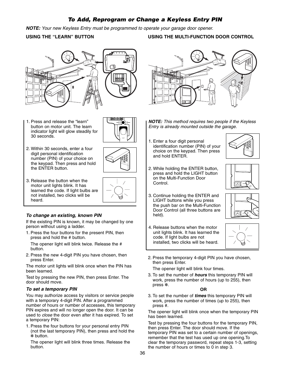 To add, reprogram or change a keyless entry pin | Chamberlain WD822KLS 1/2 User Manual | Page 36 / 40