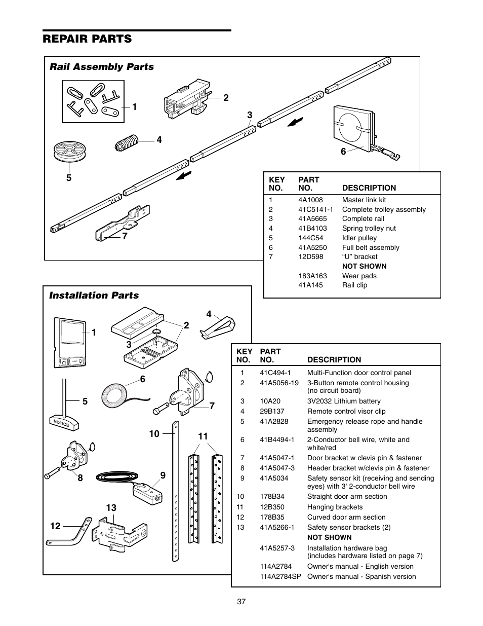 Repair parts | Chamberlain WD822KLS 1/2 User Manual | Page 37 / 40