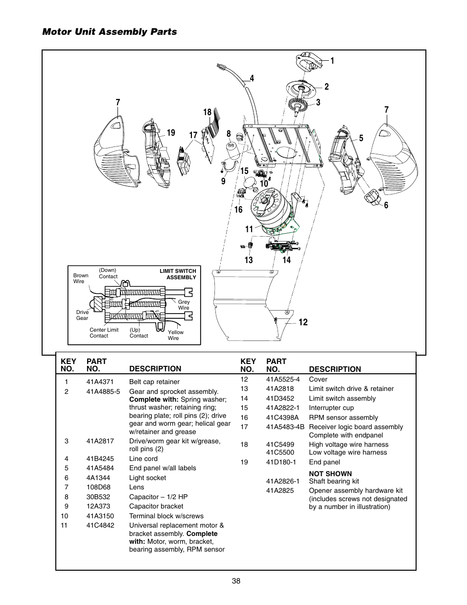 Motor unit assembly parts | Chamberlain WD822KLS 1/2 User Manual | Page 38 / 40