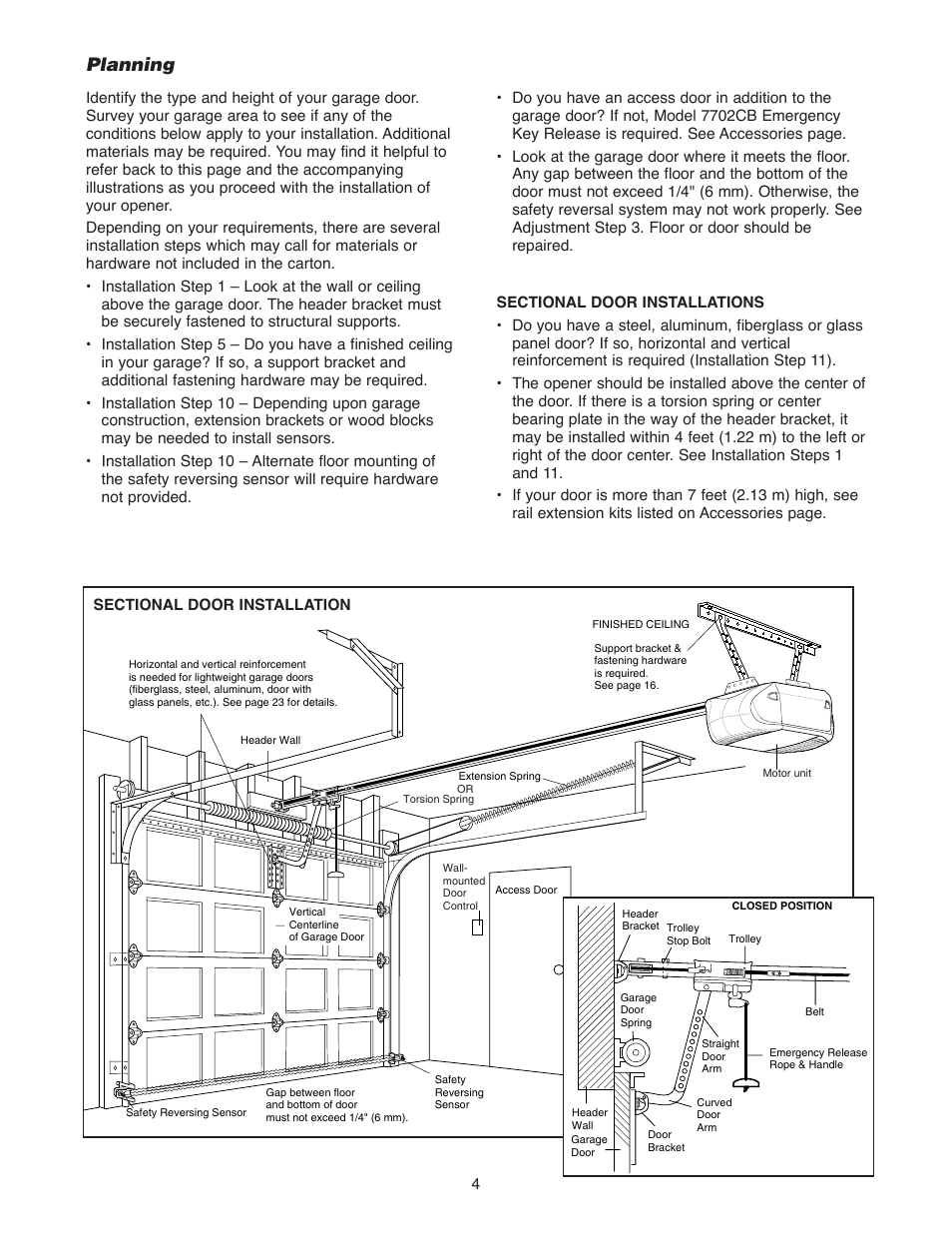 Planning, Sectional door installations | Chamberlain WD822KLS 1/2 User Manual | Page 4 / 40