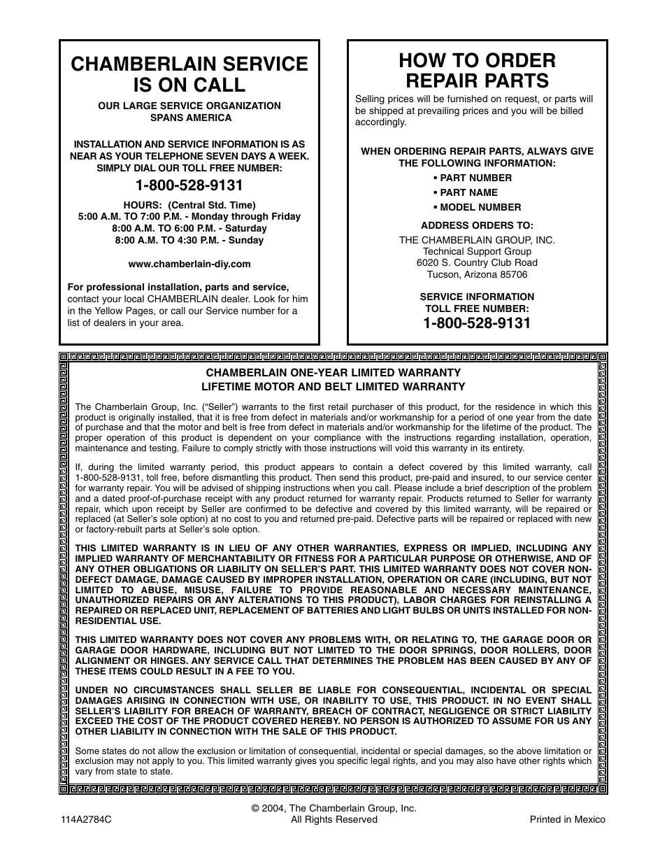 Warranty, Chamberlain service is on call, How to order repair parts | Chamberlain WD822KLS 1/2 User Manual | Page 40 / 40
