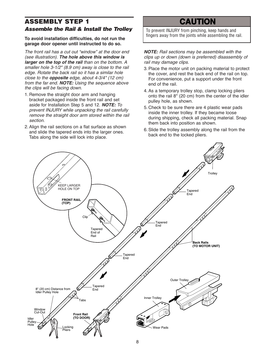 Assembly, Assemble the rail & install the trolley, Warning caution warning warning | Assembly step 1 | Chamberlain WD822KLS 1/2 User Manual | Page 8 / 40