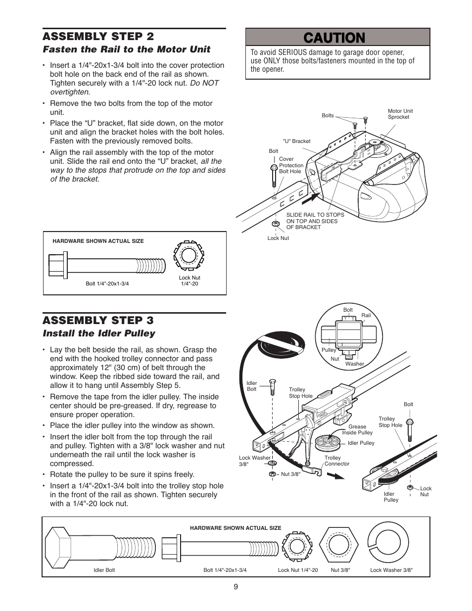 Fasten the rail to the motor unit, Install the idler pulley, Warning caution warning warning | Assembly step 2, Assembly step 3 | Chamberlain WD822KLS 1/2 User Manual | Page 9 / 40