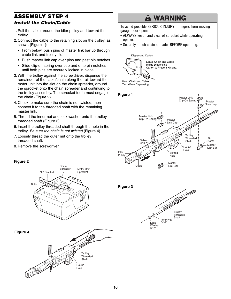 Install the chain/cable, Assembly step 4 | Chamberlain SECURITY HD200DM User Manual | Page 10 / 40