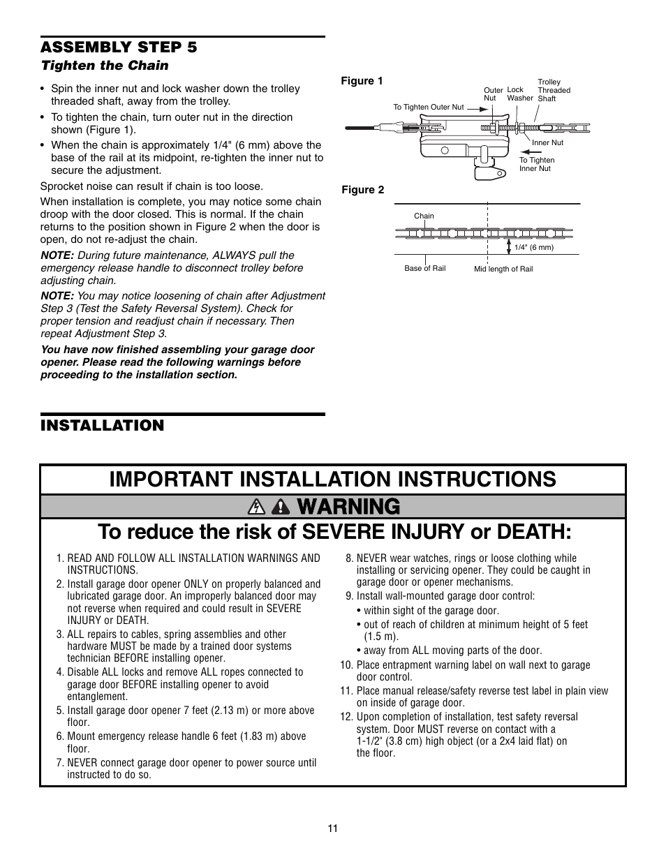 Tighten the chain, Installation, Installation assembly step 5 | Chamberlain SECURITY HD200DM User Manual | Page 11 / 40