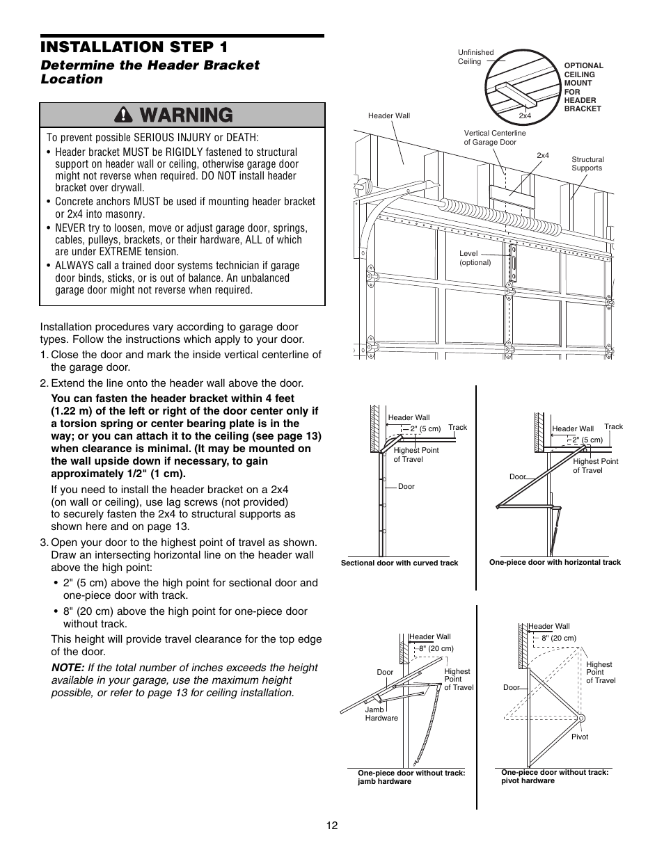 Determine the header bracketlocation, Installation step 1, Determine the header bracket location | Chamberlain SECURITY HD200DM User Manual | Page 12 / 40