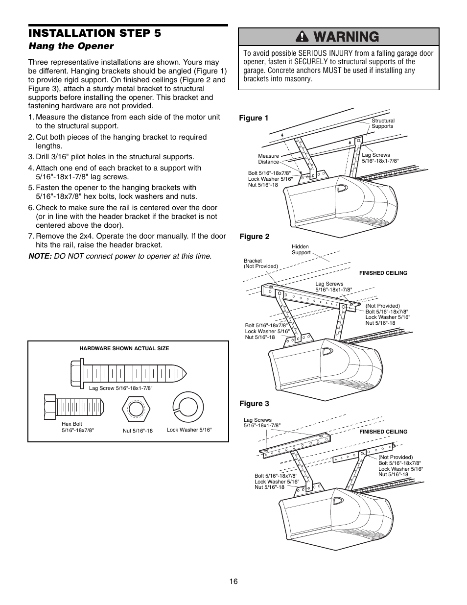 Hang the opener, Installation step 5 | Chamberlain SECURITY HD200DM User Manual | Page 16 / 40