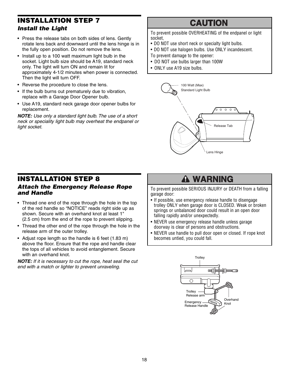 Install the light, Attach the emergency release ropeand handle, Installation step 7 | Installation step 8, Attach the emergency release rope and handle | Chamberlain SECURITY HD200DM User Manual | Page 18 / 40