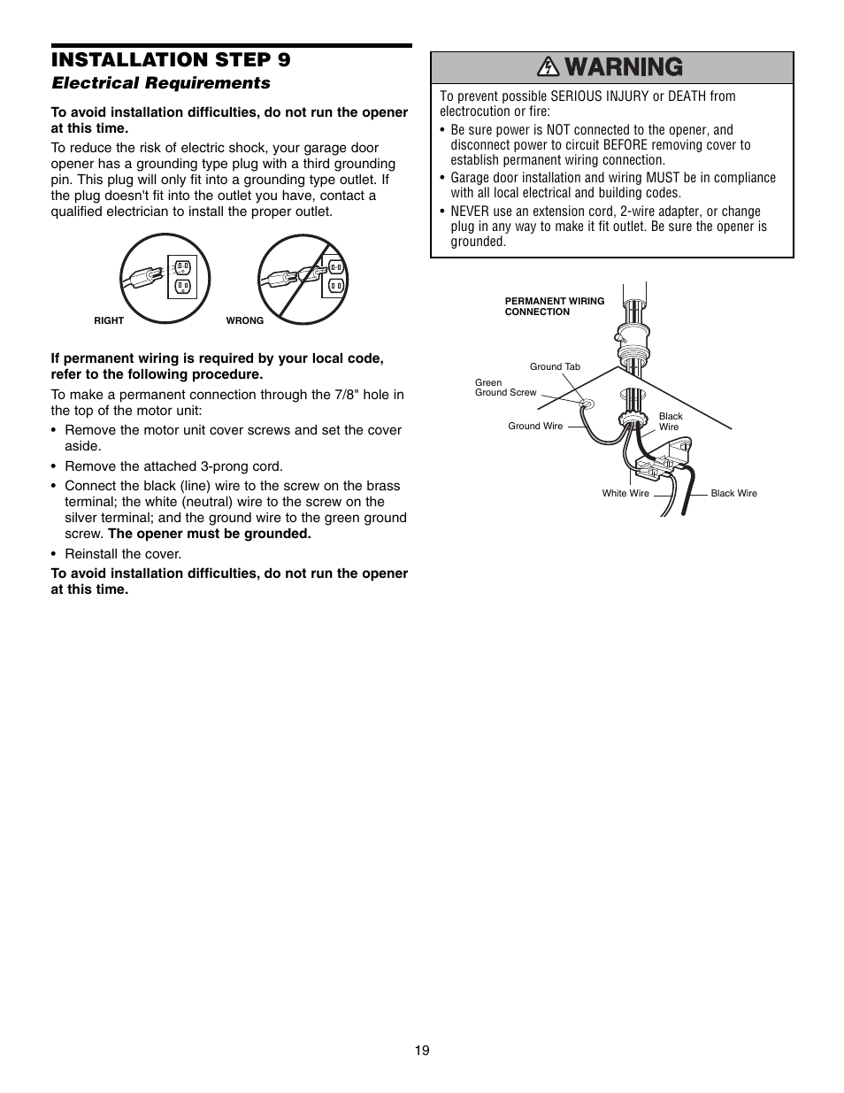 Electrical requirements, Installation step 9 | Chamberlain SECURITY HD200DM User Manual | Page 19 / 40