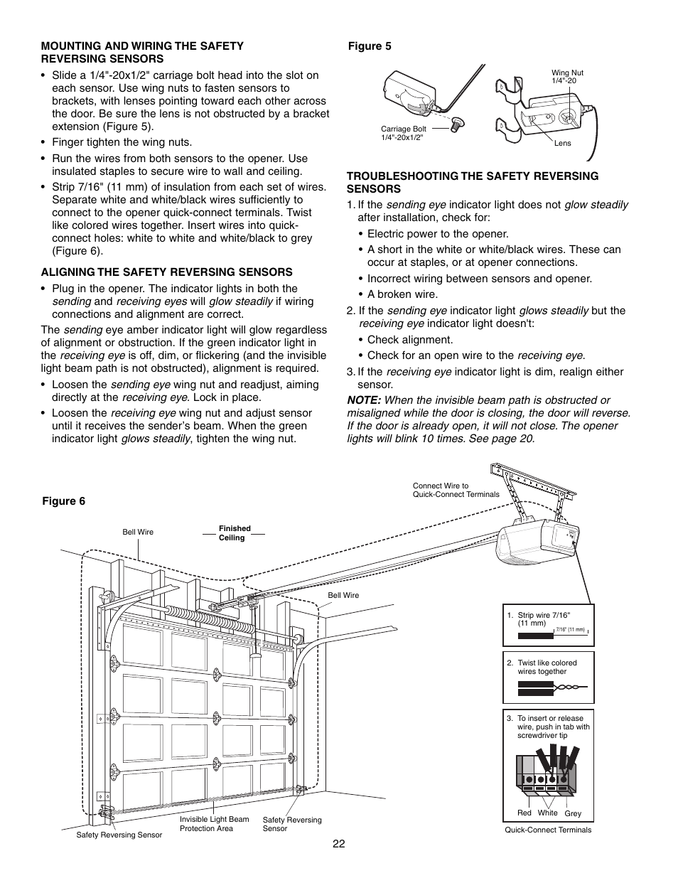 Mounting and wiring the safety reversing sensors, Aligning the safety reversing sensors, Troubleshooting the safety reversingsensors | Chamberlain SECURITY HD200DM User Manual | Page 22 / 40